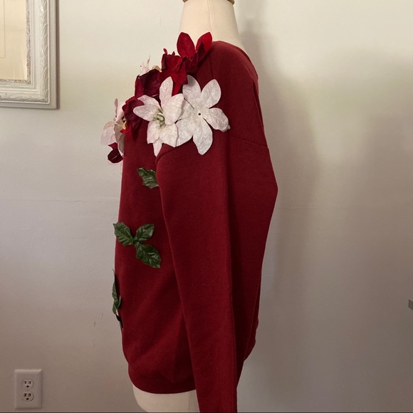 Upcycled Ugly Christmas Sweatshirt Poinsettia Red - Picture 5 of 7